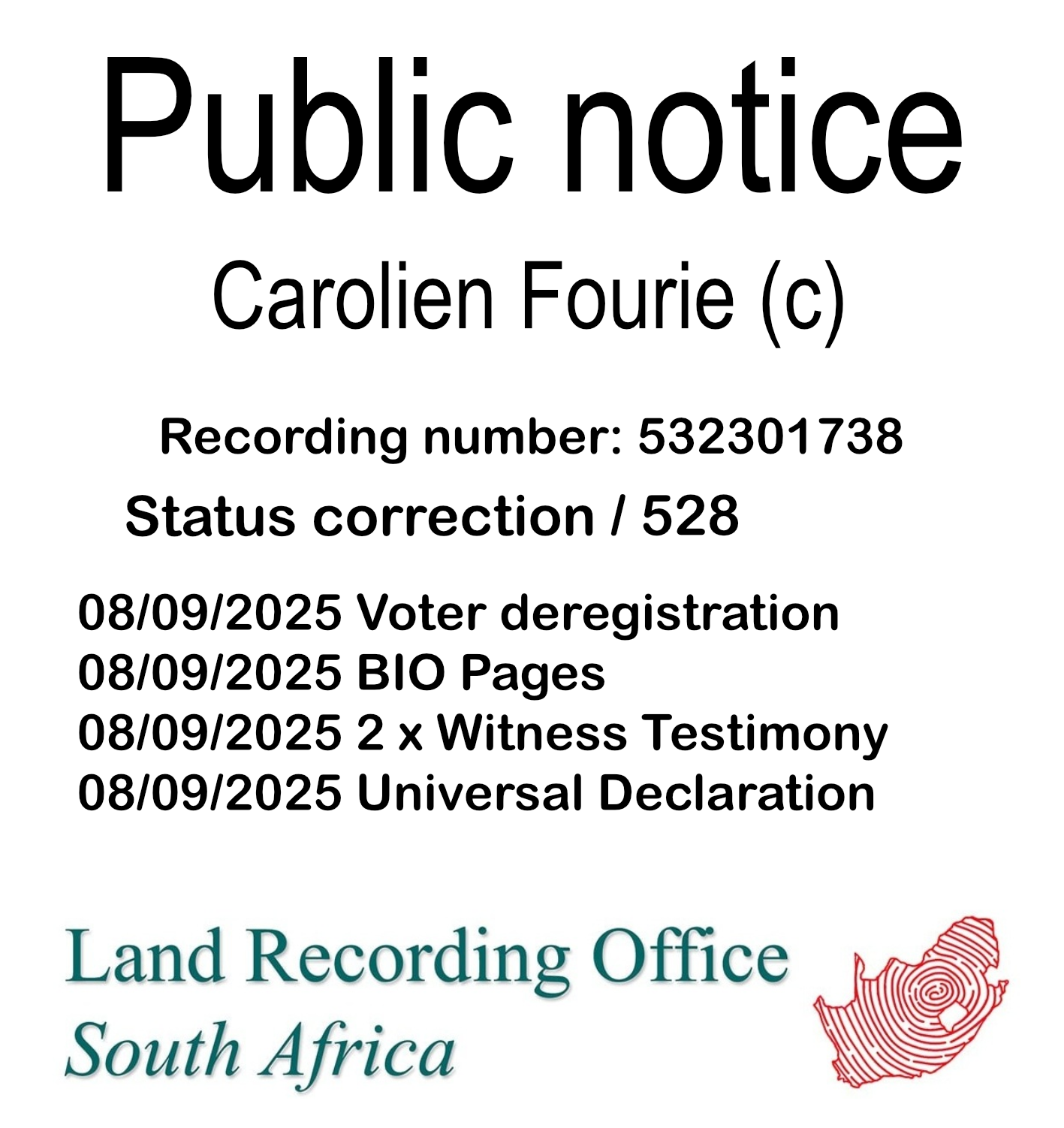 Public notice Carolien Fourie Recording number 532301738